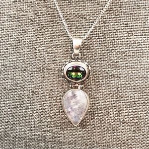 Mystic Quartz and moonstone pendant on a 20” 925 sterling silver chain necklace.